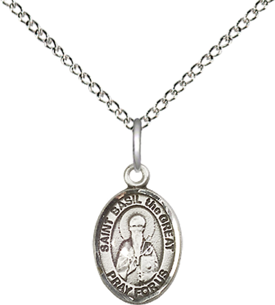Sterling Silver Saint Basil the Great Pendant on a 18 inch Sterling Silver Light Curb chain