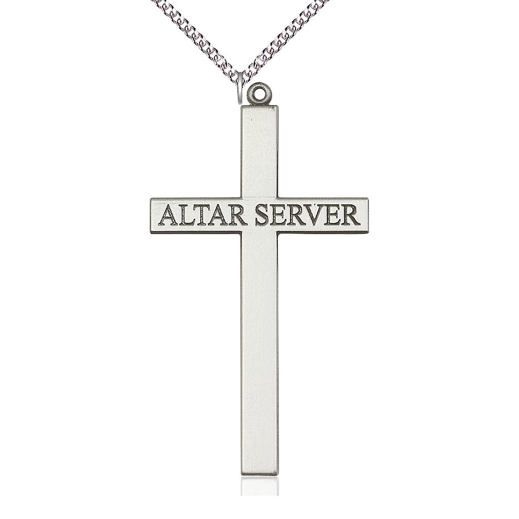 Sterling Silver Alter Server Cross Pendant on a 24 inch Sterling Silver Heavy Curb chain