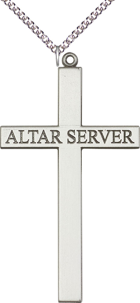 Sterling Silver Alter Server Cross Pendant on a 24 inch Sterling Silver Heavy Curb chain