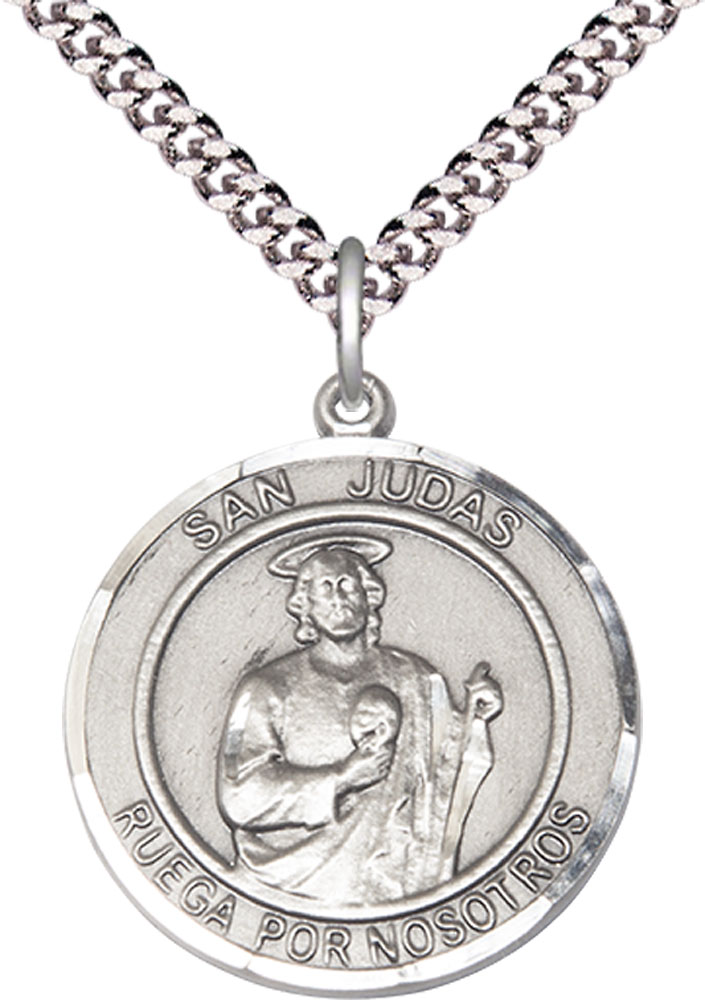 Sterling Silver San Judas Pendant on a 24 inch Light Rhodium Heavy Curb chain