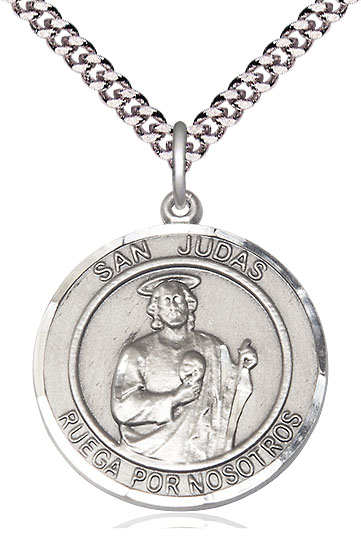 Sterling Silver San Judas Pendant on a 24 inch Light Rhodium Heavy Curb chain