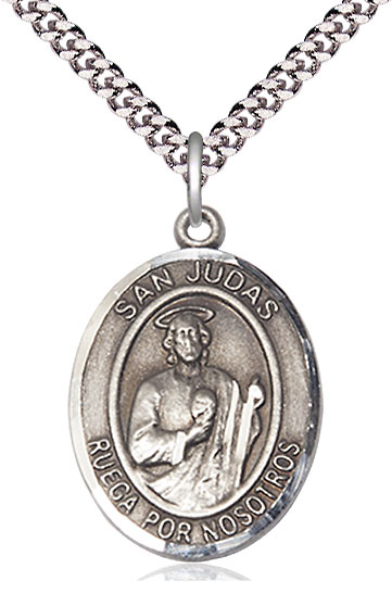 Sterling Silver San Judas Pendant on a 24 inch Light Rhodium Heavy Curb chain