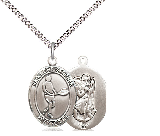 Sterling Silver Saint Christopher Tennis Pendant on a 18 inch Light Rhodium Light Curb chain