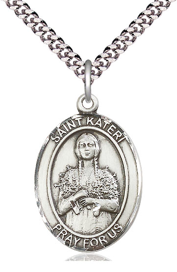 Sterling Silver Saint Kateri Tekakwitha Pendant on a 24 inch Light Rhodium Heavy Curb chain