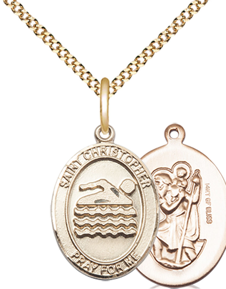 14kt Gold Filled Saint Christopher Swimming Pendant on a 18 inch Gold Plate Light Curb chain