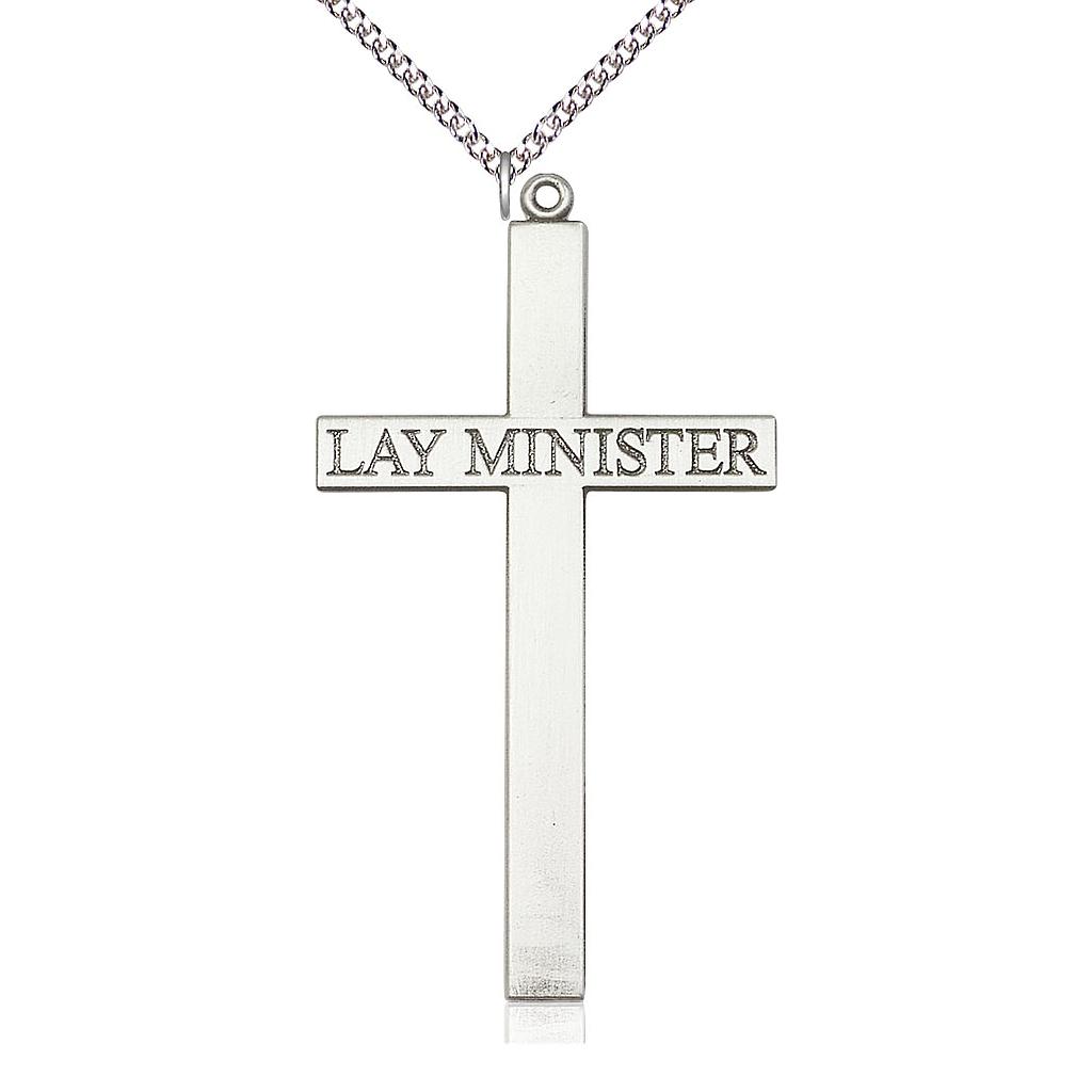 Sterling Silver Lay Minister Cross Pendant on a 24 inch Sterling Silver Heavy Curb chain