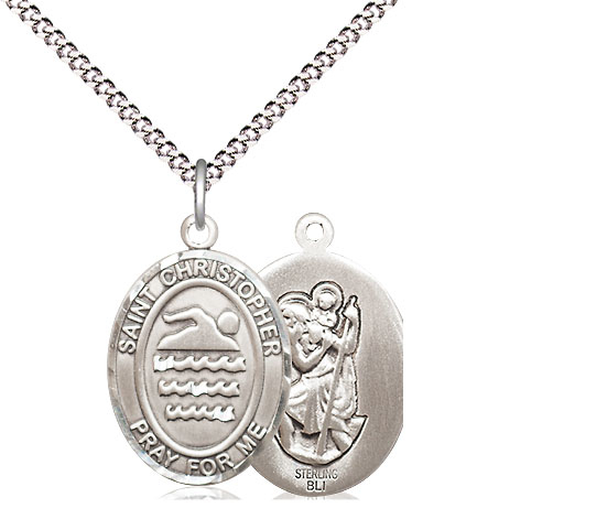 Sterling Silver Saint Christopher Swimming Pendant on a 18 inch Light Rhodium Light Curb chain