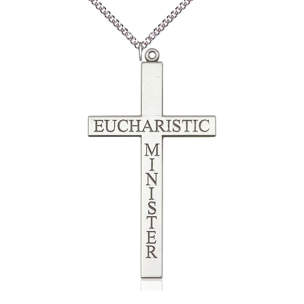 Sterling Silver Eucharistic Minister Cross Pendant on a 24 inch Sterling Silver Heavy Curb chain