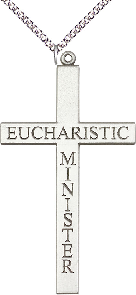 Sterling Silver Eucharistic Minister Cross Pendant on a 24 inch Sterling Silver Heavy Curb chain