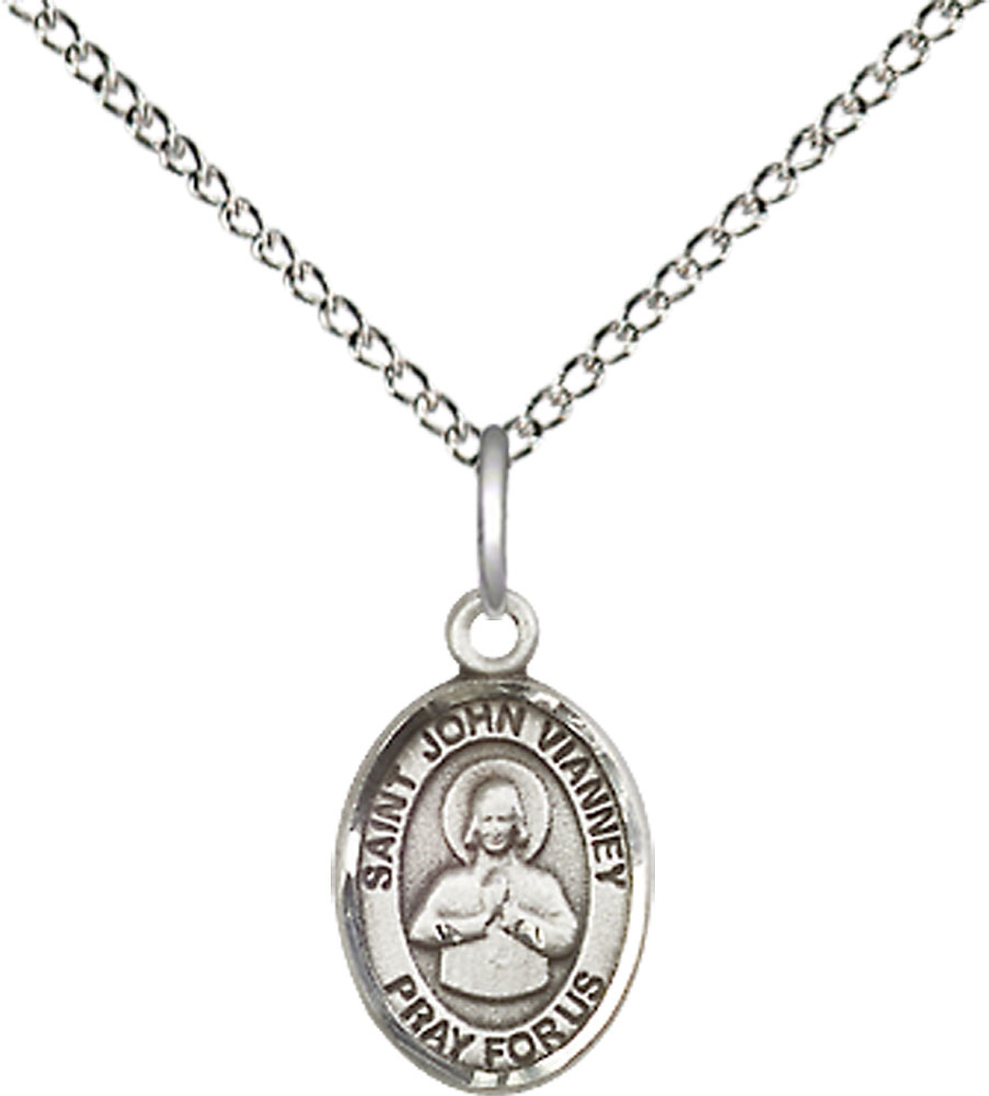 Sterling Silver Saint John Vianney Pendant on a 18 inch Sterling Silver Light Curb chain