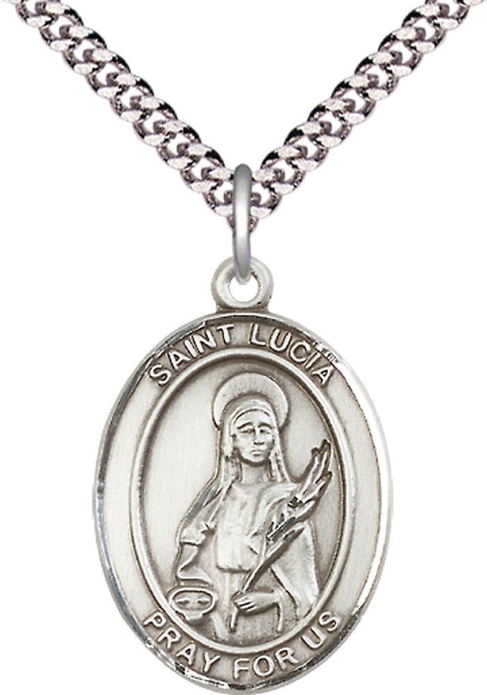 Sterling Silver Saint Lucia of Syracuse Pendant on a 24 inch Light Rhodium Heavy Curb chain