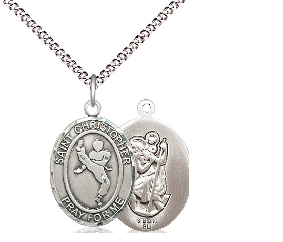 Sterling Silver Saint Christopher Martial Arts Pendant on a 18 inch Light Rhodium Light Curb chain