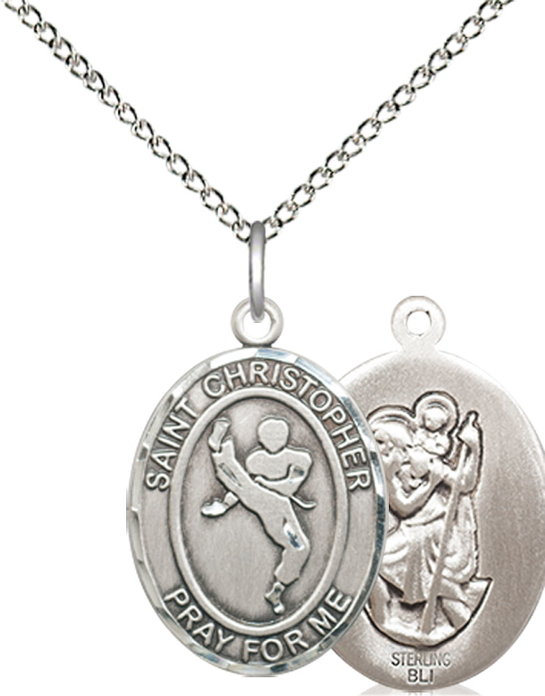 Sterling Silver Saint Christopher Martial Arts Pendant on a 18 inch Sterling Silver Light Curb chain
