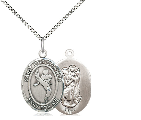 Sterling Silver Saint Christopher Martial Arts Pendant on a 18 inch Sterling Silver Light Curb chain