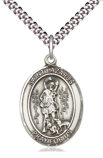 Sterling Silver Saint Lazarus Pendant on a 24 inch Light Rhodium Heavy Curb chain