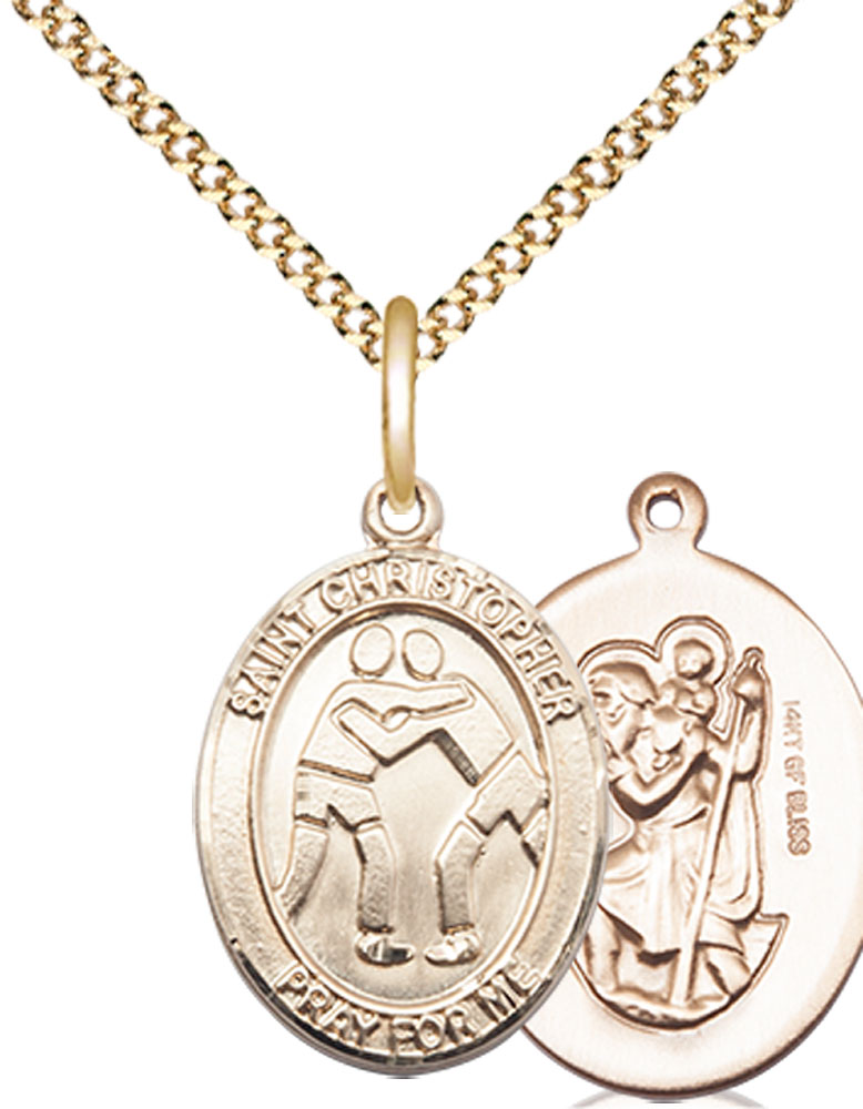 14kt Gold Filled Saint Christopher Wrestling Pendant on a 18 inch Gold Plate Light Curb chain