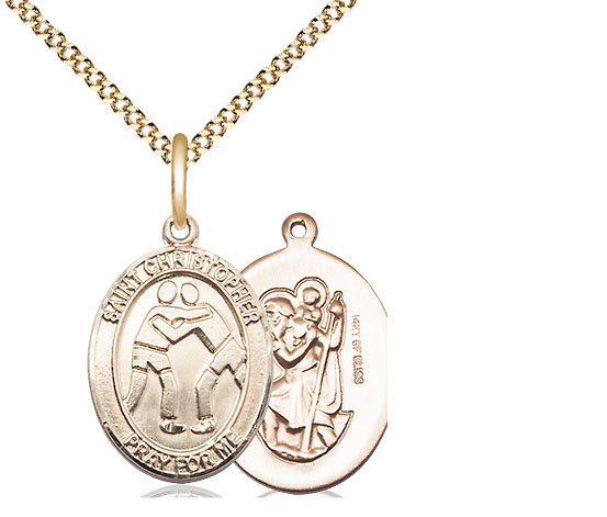 14kt Gold Filled Saint Christopher Wrestling Pendant on a 18 inch Gold Plate Light Curb chain