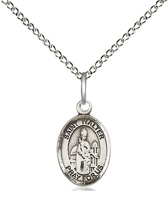 Sterling Silver Saint Walter of Pontnoise Pendant on a 18 inch Sterling Silver Light Curb chain