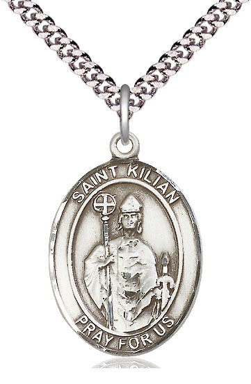 Sterling Silver Saint Kilian Pendant on a 24 inch Light Rhodium Heavy Curb chain