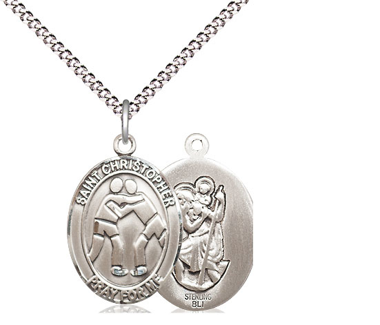 Sterling Silver Saint Christopher Wrestling Pendant on a 18 inch Light Rhodium Light Curb chain