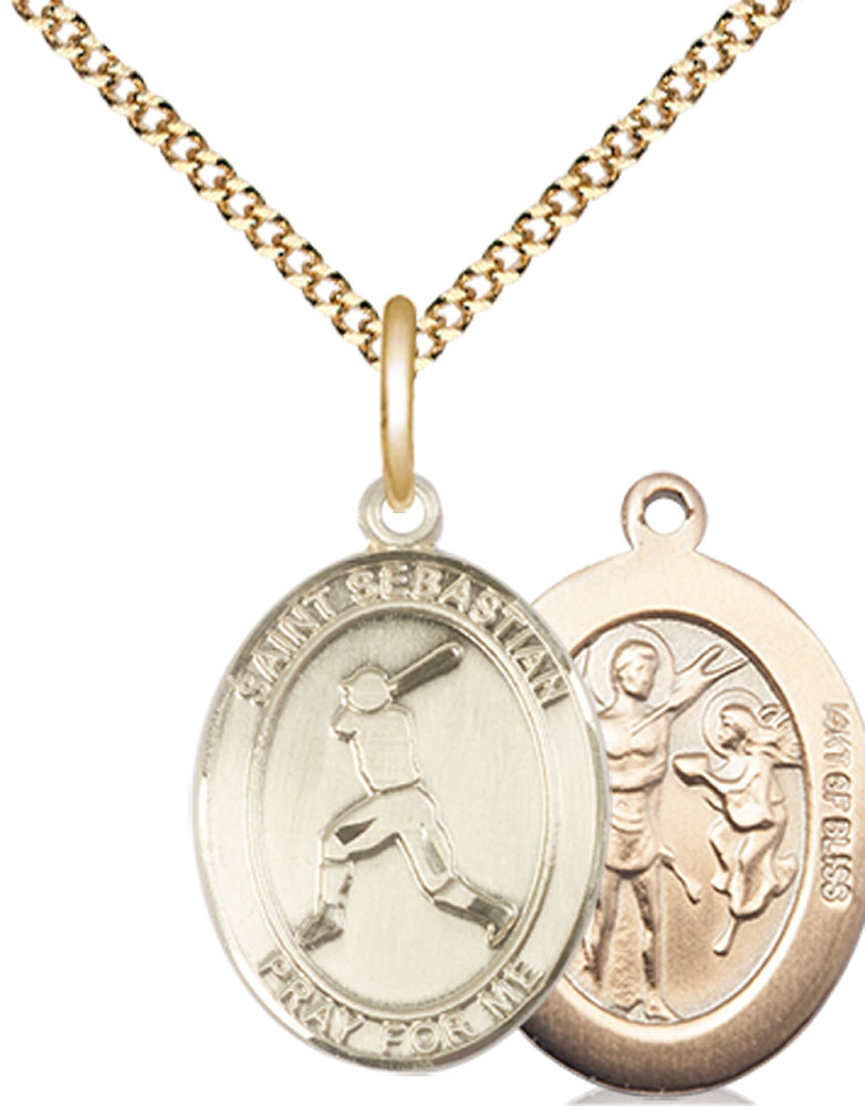14kt Gold Filled Saint Sebastian Baseball Pendant on a 18 inch Gold Plate Light Curb chain
