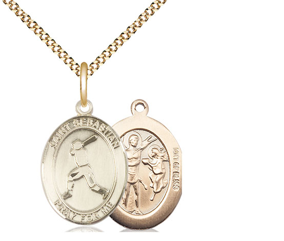 14kt Gold Filled Saint Sebastian Baseball Pendant on a 18 inch Gold Plate Light Curb chain