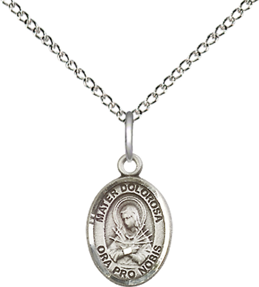 Sterling Silver Mater Dolorosa Pendant on a 18 inch Sterling Silver Light Curb chain