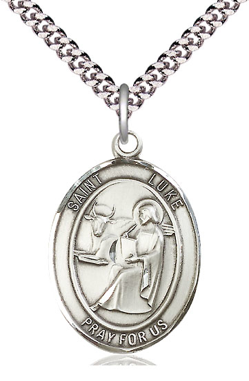 Sterling Silver Saint Luke the Apostle Pendant on a 24 inch Light Rhodium Heavy Curb chain