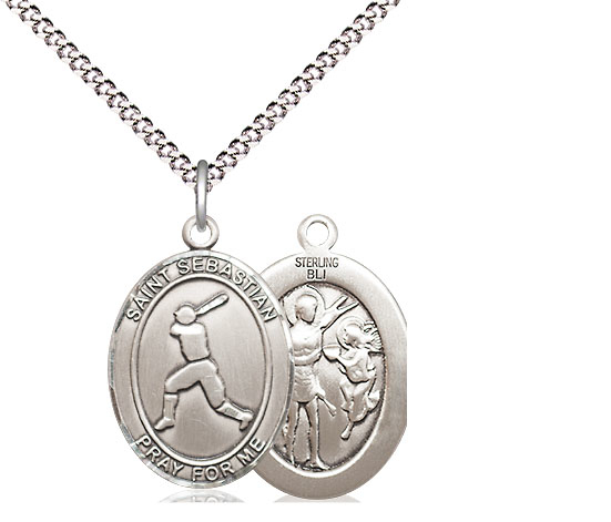 Sterling Silver Saint Sebastian Baseball Pendant on a 18 inch Light Rhodium Light Curb chain