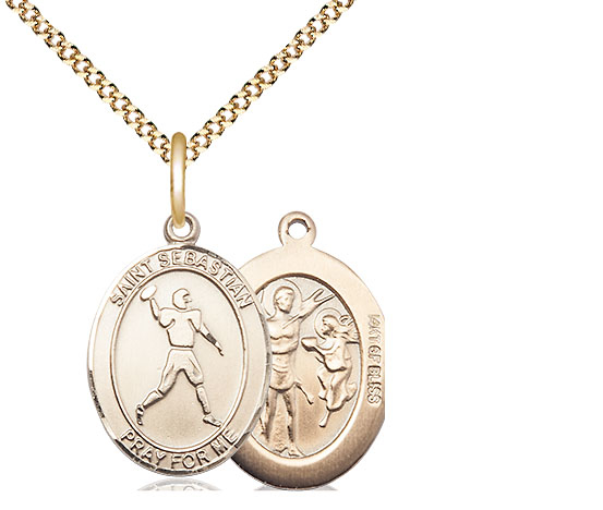 14kt Gold Filled Saint Sebastian Football Pendant on a 18 inch Gold Plate Light Curb chain