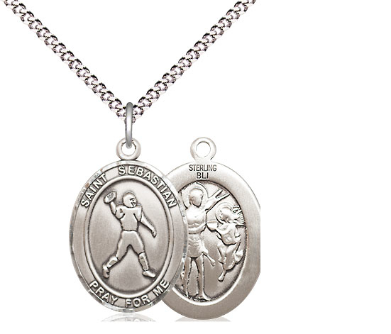 Sterling Silver Saint Sebastian Football Pendant on a 18 inch Light Rhodium Light Curb chain