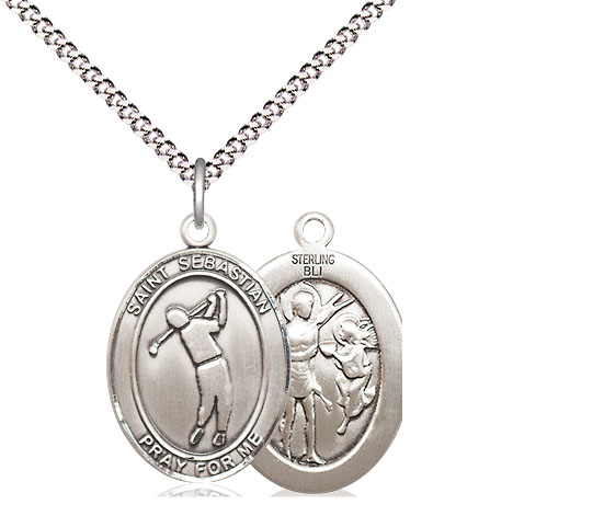 Sterling Silver Saint Sebastian Golf Pendant on a 18 inch Light Rhodium Light Curb chain