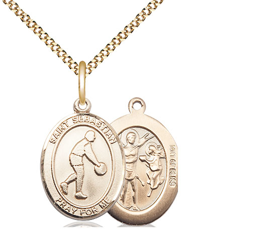 14kt Gold Filled Saint Sebastian Basketball Pendant on a 18 inch Gold Plate Light Curb chain