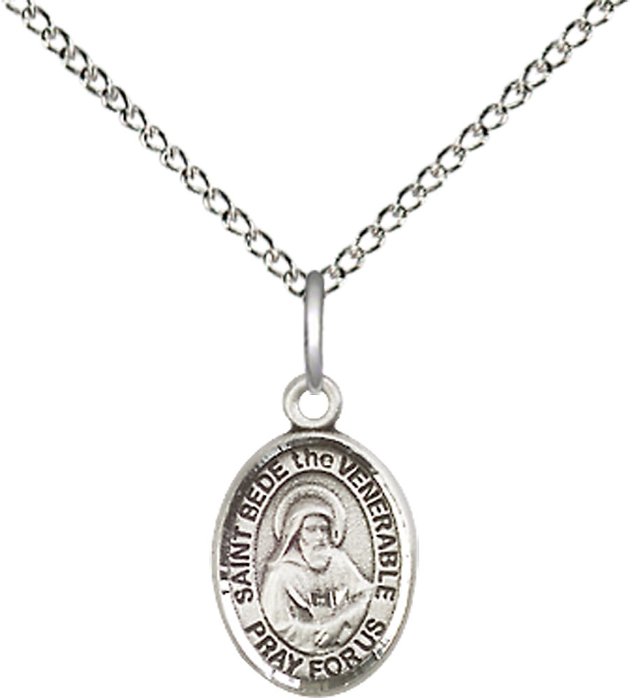 Sterling Silver Saint Bede the Venerable Pendant on a 18 inch Sterling Silver Light Curb chain