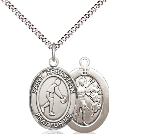 Sterling Silver Saint Sebastian Basketball Pendant on a 18 inch Light Rhodium Light Curb chain