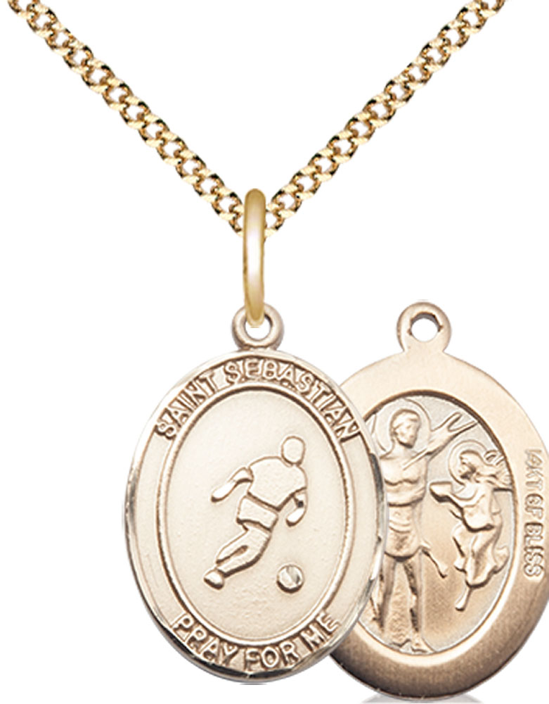 14kt Gold Filled Saint Sebastian Soccer Pendant on a 18 inch Gold Plate Light Curb chain