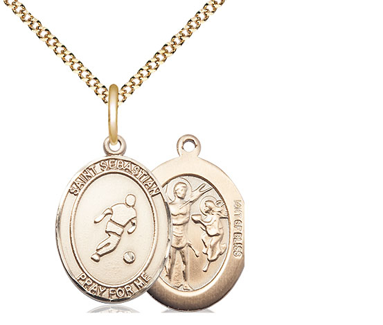 14kt Gold Filled Saint Sebastian Soccer Pendant on a 18 inch Gold Plate Light Curb chain