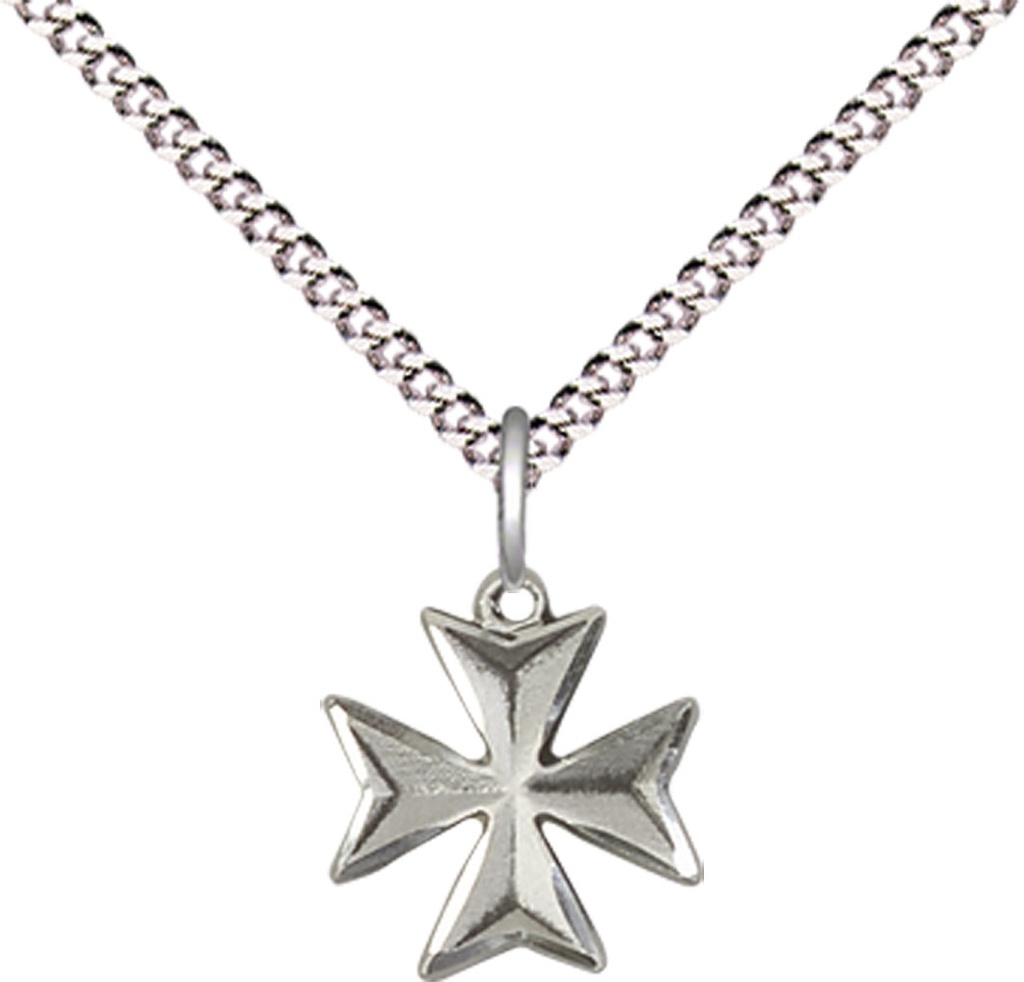 Sterling Silver Maltese Cross Pendant on a 18 inch Light Rhodium Light Curb chain