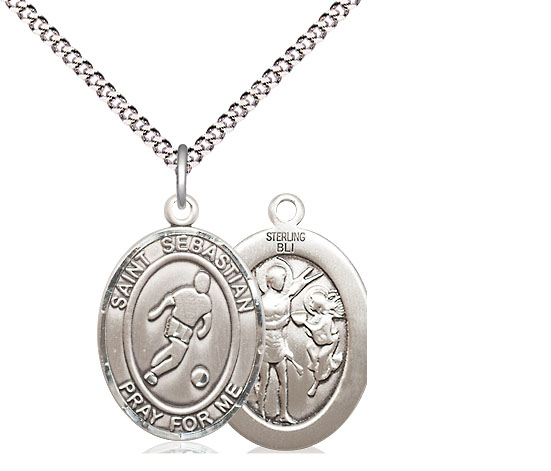 Sterling Silver Saint Sebastian Soccer Pendant on a 18 inch Light Rhodium Light Curb chain