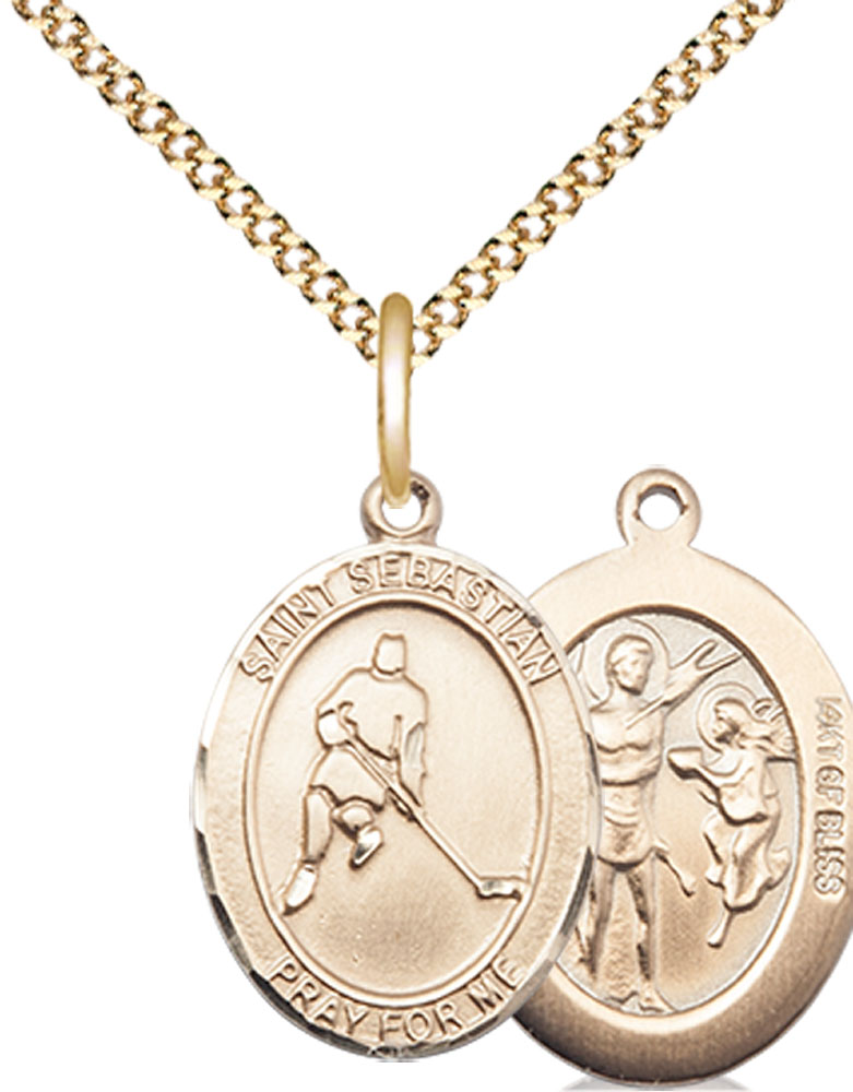 14kt Gold Filled Saint Sebastian Ice Hockey Pendant on a 18 inch Gold Plate Light Curb chain