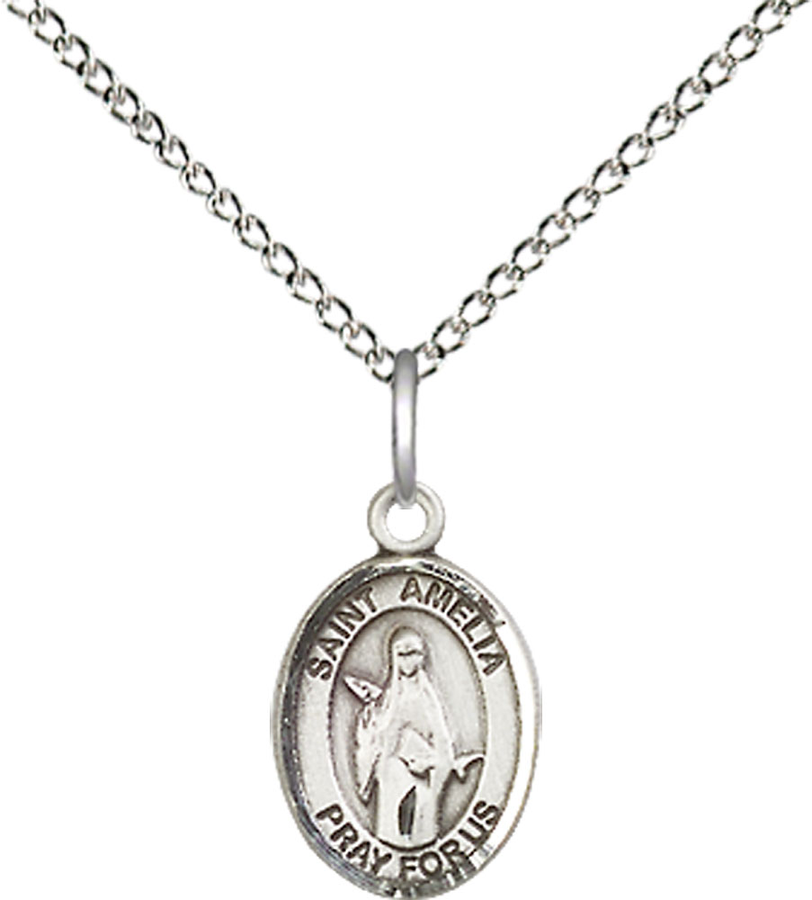 Sterling Silver Saint Amelia Pendant on a 18 inch Sterling Silver Light Curb chain