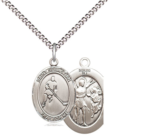 Sterling Silver Saint Sebastian Ice Hockey Pendant on a 18 inch Light Rhodium Light Curb chain