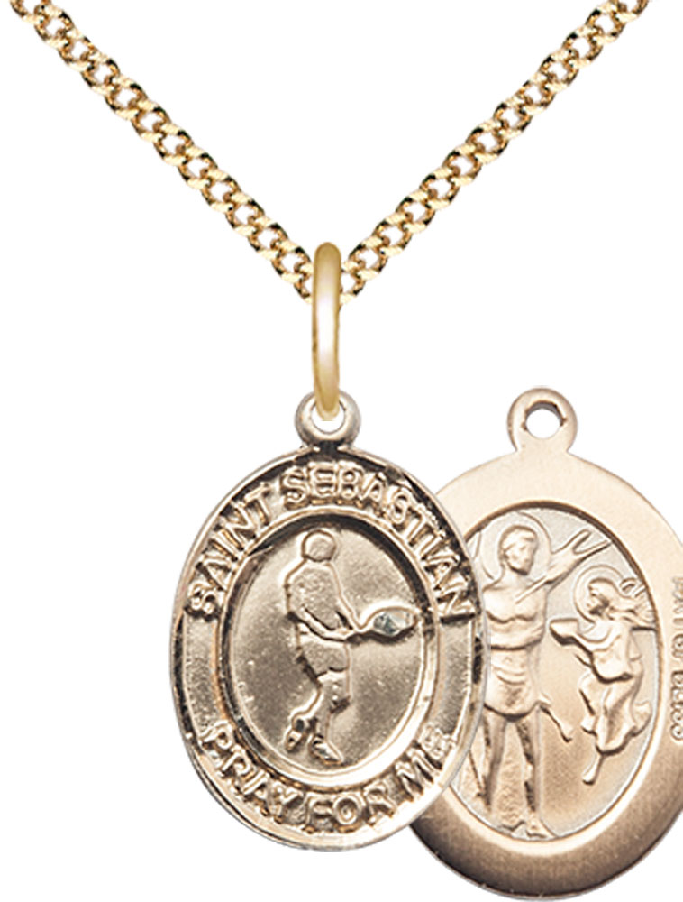 14kt Gold Filled Saint Sebastian Tennis Pendant on a 18 inch Gold Plate Light Curb chain
