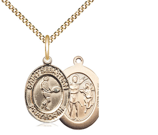 14kt Gold Filled Saint Sebastian Tennis Pendant on a 18 inch Gold Plate Light Curb chain