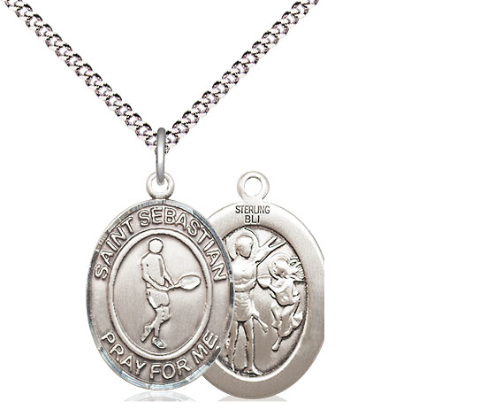 Sterling Silver Saint Sebastian Tennis Pendant on a 18 inch Light Rhodium Light Curb chain