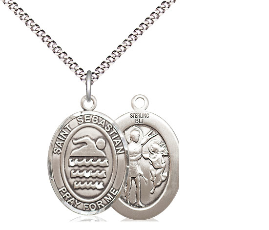 Sterling Silver Saint Sebastian Swimming Pendant on a 18 inch Light Rhodium Light Curb chain