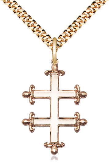 14kt Gold Filled Cross of Lorraine Pendant on a 24 inch Gold Plate Heavy Curb chain