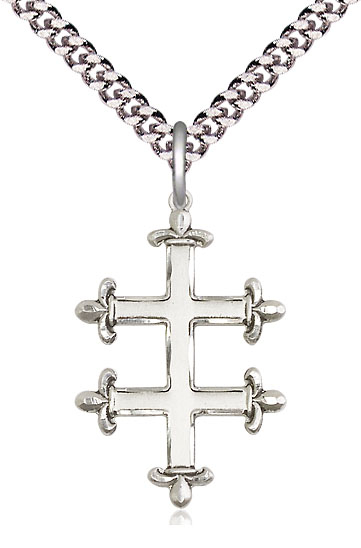 Sterling Silver Cross of Lorraine Pendant on a 24 inch Light Rhodium Heavy Curb chain