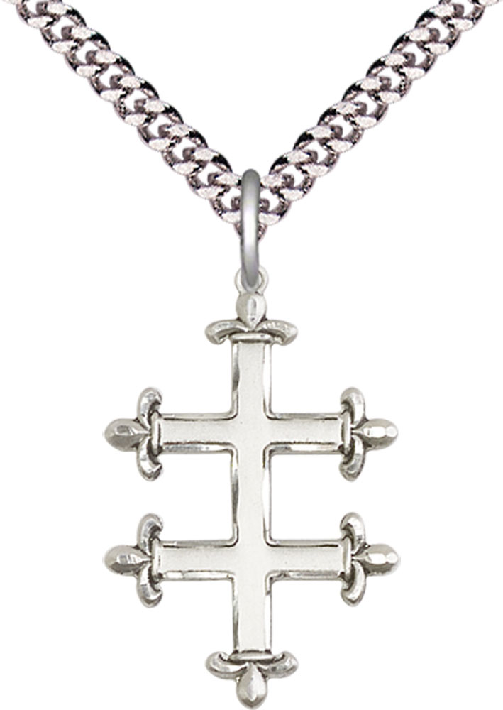 Sterling Silver Cross of Lorraine Pendant on a 24 inch Light Rhodium Heavy Curb chain