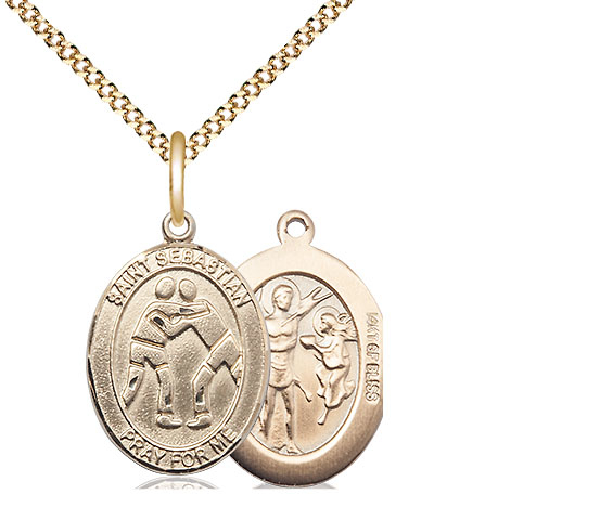 14kt Gold Filled Saint Sebastian Wrestling Pendant on a 18 inch Gold Plate Light Curb chain